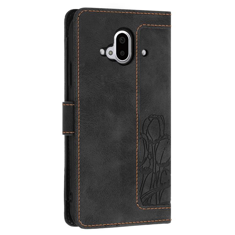 Funda de Cuero con Relieve de Tulipanes para Teléfono Fujitsu Arrows F-52B con Cordón (Negro)