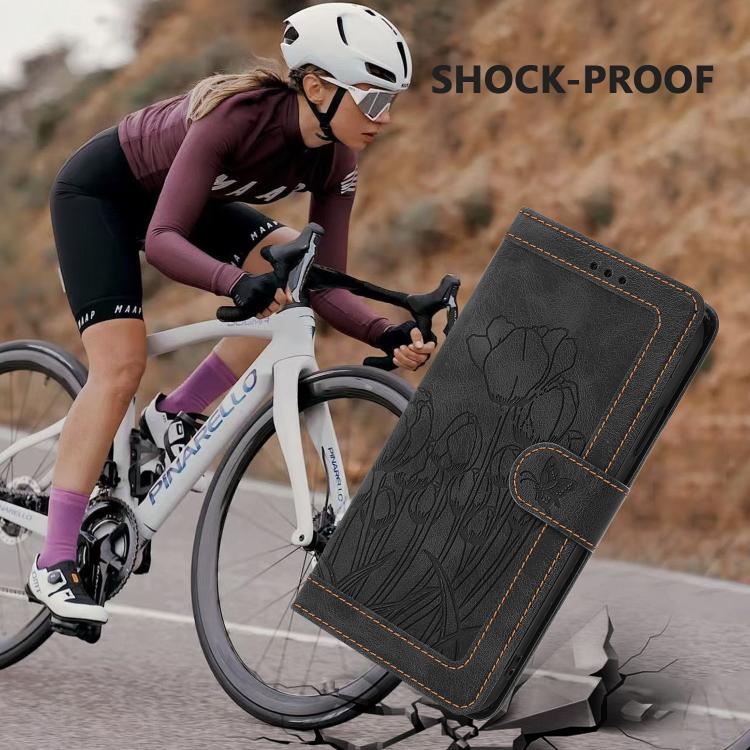 Funda de Cuero con Relieve de Tulipanes para Teléfono Fujitsu Arrows F-52B con Cordón (Negro)
