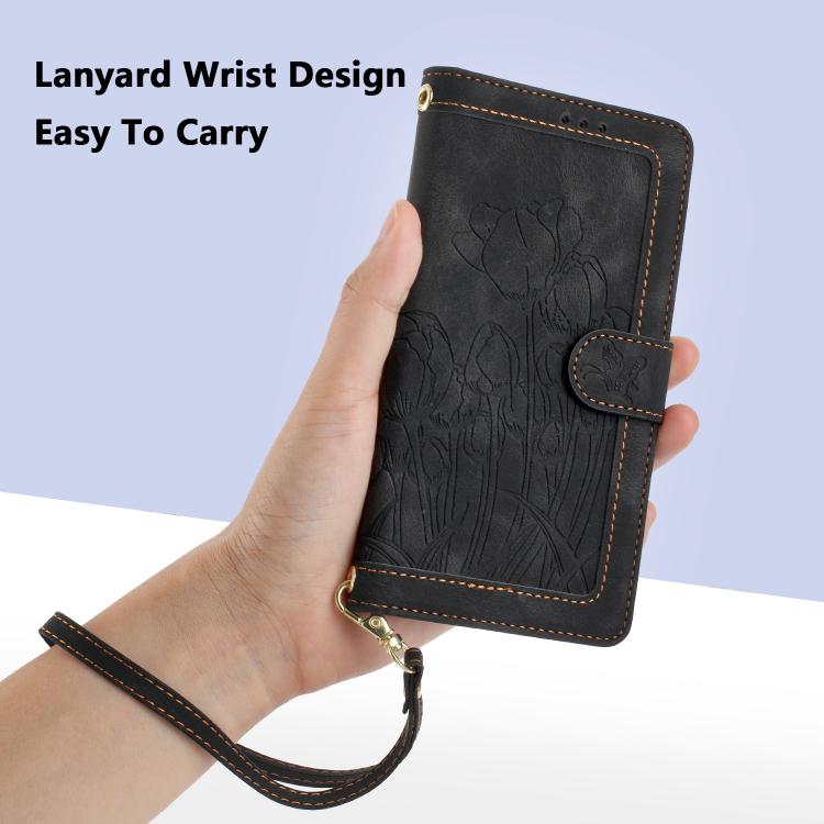 Funda de Cuero con Relieve de Tulipanes para Teléfono Fujitsu Arrows F-52B con Cordón (Negro)
