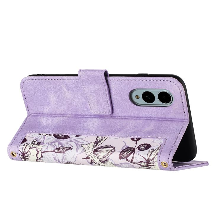 Funda de Cuero para Fujitsu Arrows We2 con Estampado Floral y Cordón (Morado Claro)