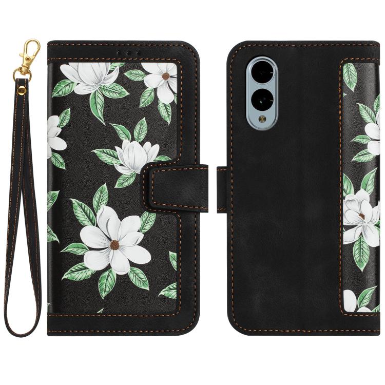 Funda de Cuero para Teléfono Fujitsu Arrows We2 con Estampado Floral y Cordón (Negro)