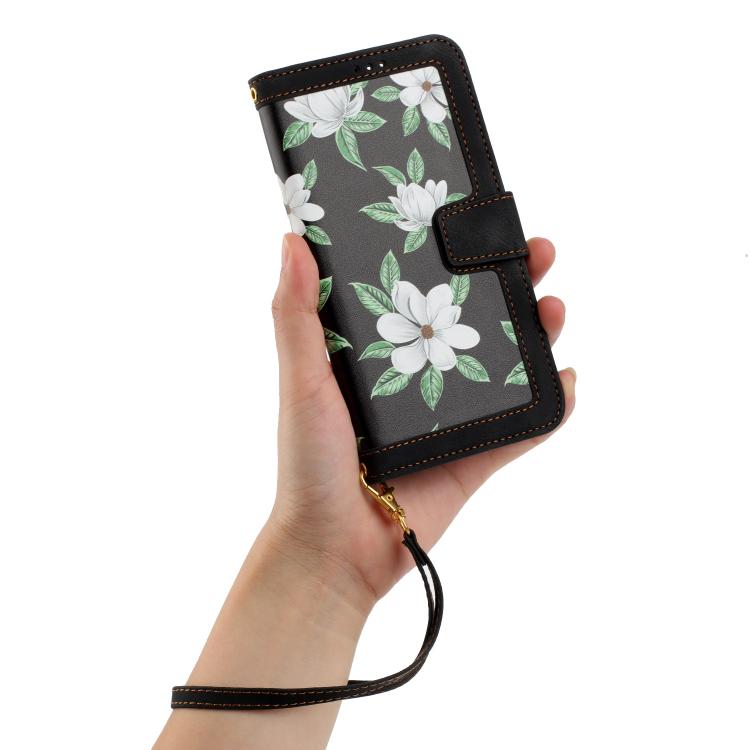 Funda de Cuero para Teléfono Fujitsu Arrows We2 con Estampado Floral y Cordón (Negro)
