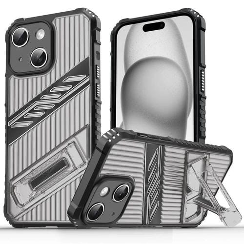 Funda híbrida TPU para iPhone 15 con soporte para PC (Gris y Negro)