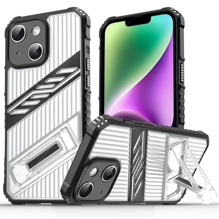 Funda híbrida TPU para iPhone 14 con soporte para PC (Negro Transparente)