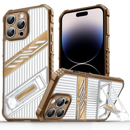 Funda híbrida TPU para iPhone 14 Pro con soporte chapado para PC (Dorado del Desierto)