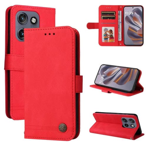 Funda de Cuero con Botones de Metal y Árbol de la Vida para Motorola Edge 50 Neo/Thinkphone 25 (Rojo)