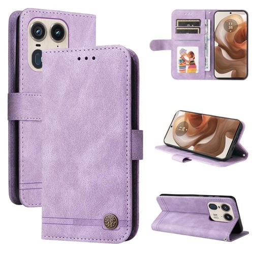 Funda de Cuero con Botones de Metal y Diseño Árbol de la Vida para Motorola Edge 50 Ultra/X50 Ultra (Morado)