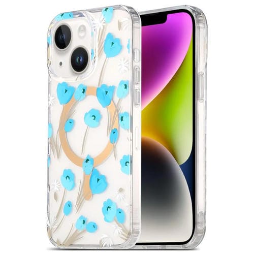 Funda para teléfono iPhone 14 Plus con laminado de doble cara IMD Magsafe (Flores Azules)