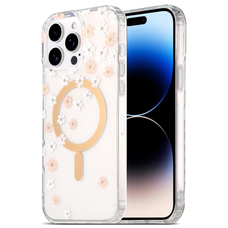 Funda para teléfono iPhone 14 Pro con laminado doble cara Imd Magsafe (Rosa y Margarita Blanca)