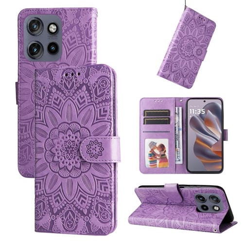 Funda de Piel Estampado Girasoles en Relieve para Motorola Edge 50 Neo/Thinkphone 25 (Morado)