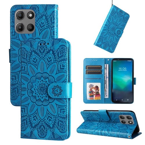 Funda de Piel Motorola Moto G15/G15 Power con Diseño de Girasol en Relieve (Azul)
