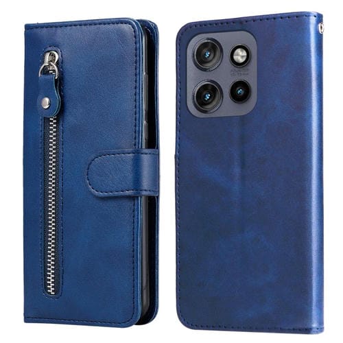 Funda de Piel Textura de Becerro con Cremallera para Motorola Edge 50 Neo/Thinkphone 25 (Azul)