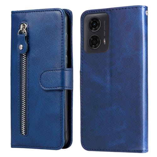 Funda de Piel con Cremallera y Textura de Becerro para Motorola Moto G04/G04S/G24/E14 (Azul)