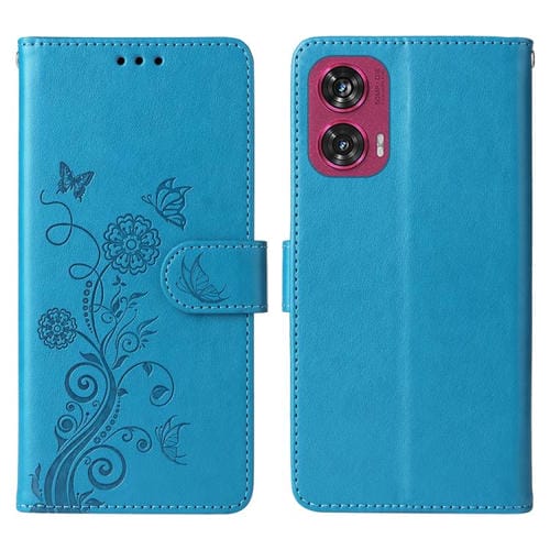Funda de Cuero para Motorola Edge 50 Fusion con Diseño de Mariposas y Flores en Relieve (Azul)