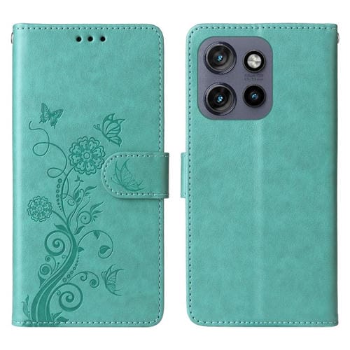 Funda de Cuero con Diseño de Flores y Mariposa en Relieve para Motorola Edge 50 Neo/Thinkphone 25 (Verde)