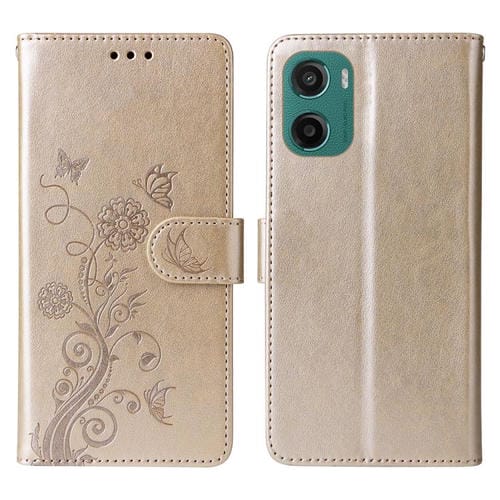 Funda de Cuero Motorola Moto G05/E15 con Diseño de Mariposas y Flores en Relieve (Dorada)