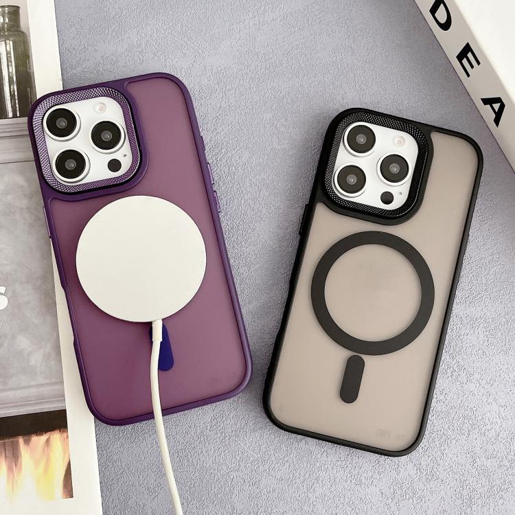Funda híbrida TPU y PC para iPhone 15 Pro Max Magsafe con marco de Lente de diamante (Gris)