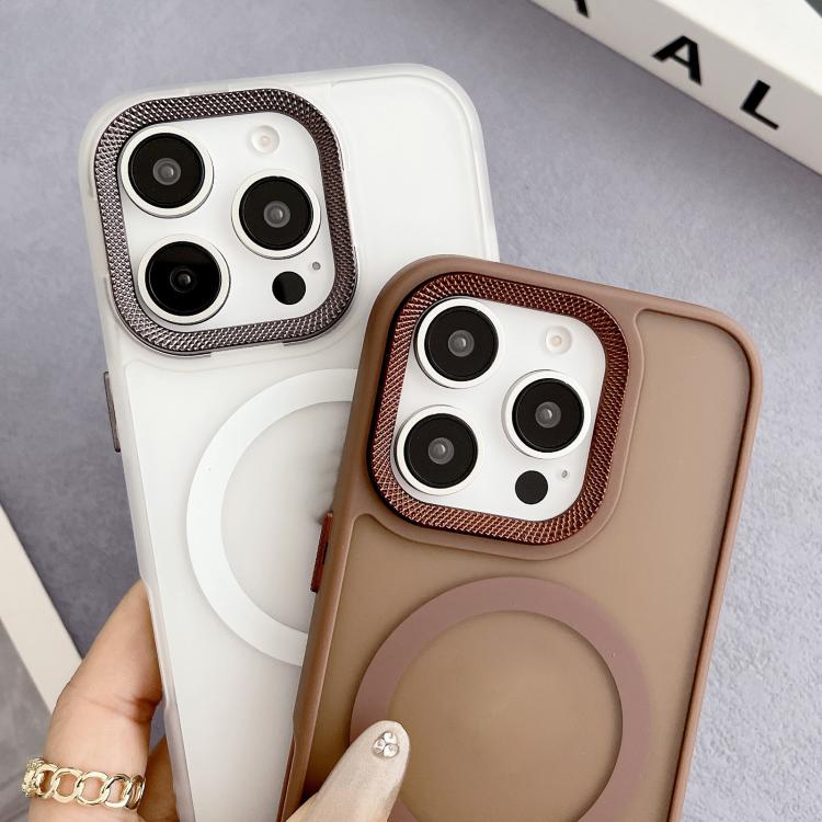 Funda híbrida TPU y PC para iPhone 15 Pro Max Magsafe con marco de Lente de diamante (Gris)