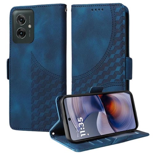 Funda de Cuero Motorola Moto G55 con Diseño de Rombos y Estrellas en Relieve (Azul)