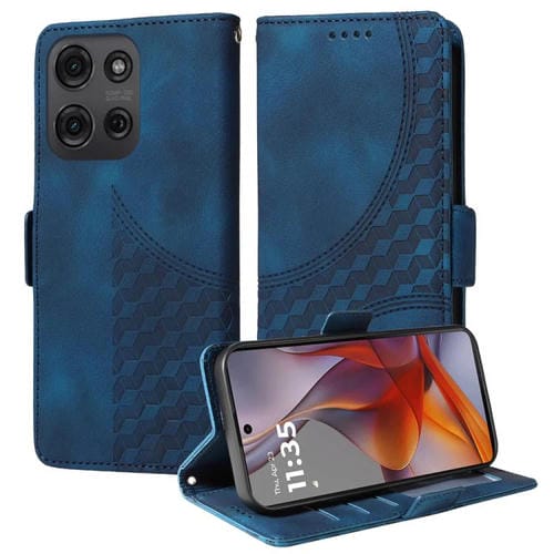 Funda de Cuero Motorola Moto G75 5G con Diseño de Rombos y Estrellas en Relieve (Azul)