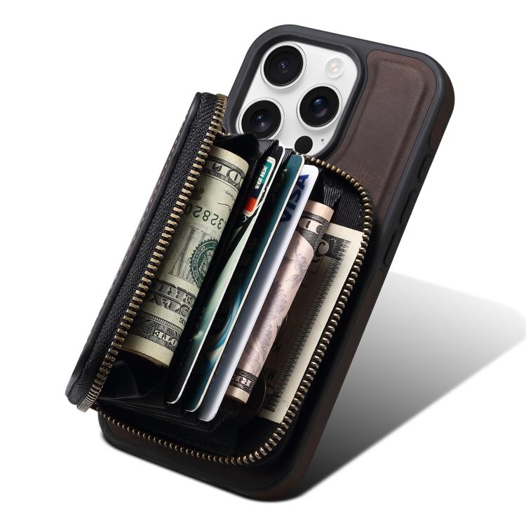 Funda de Cuero con Cremallera Magsafe Denior D26 Skin Feel para iPhone 15 Pro Max (Café)
