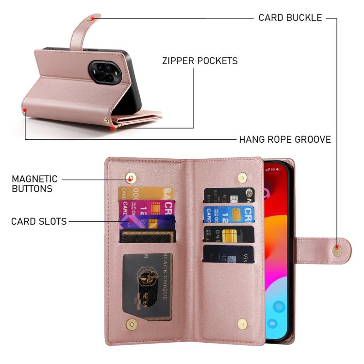 Funda de Cuero Huawei Nova 13 Pro con 9 Ranuras para Tarjetas y Cremallera (Rosa)
