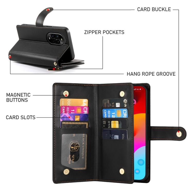 Funda de Cuero Huawei Nova 13 Pro con 9 Ranuras para Tarjetas y Cremallera (Negra)