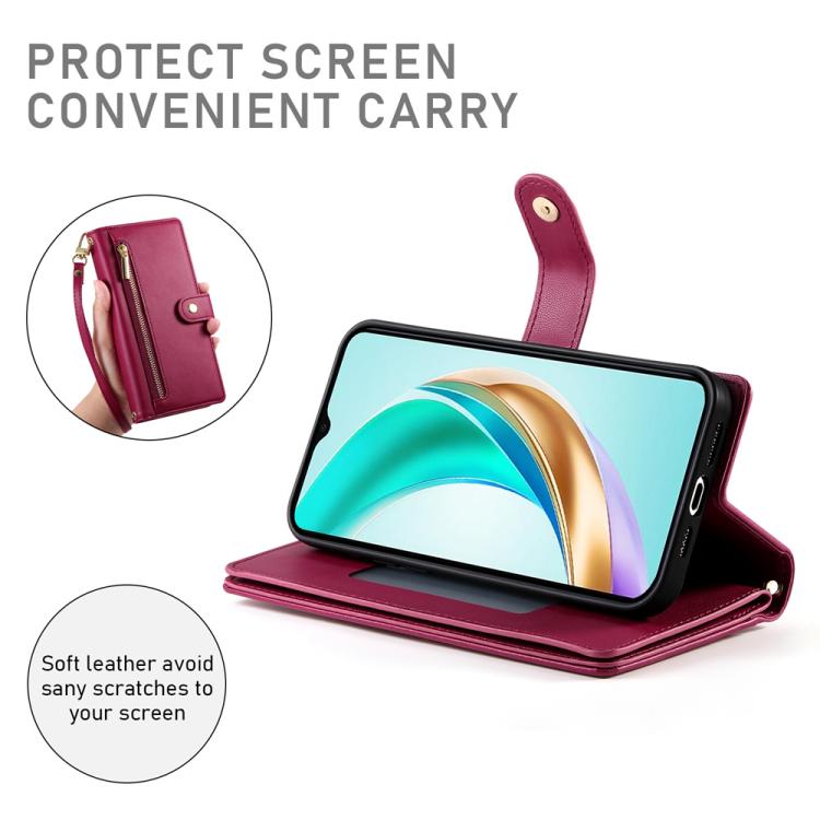Funda de cuero con nueve ranuras para tarjetas y cremallera para Huawei nova 14 Ultra (rojo)