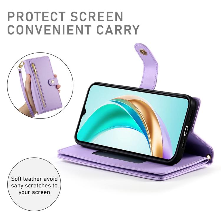 Funda de cuero con nueve ranuras para tarjetas y cremallera para Huawei nova 14 Ultra (morado)