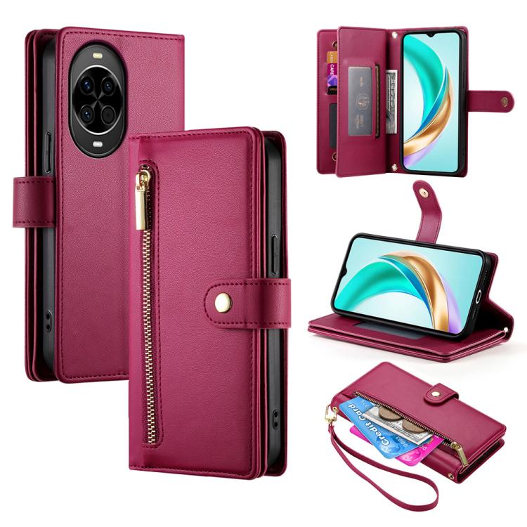 Funda de cuero con cremallera y ranuras para tarjetas para Huawei Nova 14 (rojo)