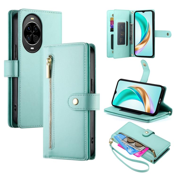 Funda de cuero con nueve ranuras para tarjetas y cremallera para Huawei Nova 14 (verde menta)