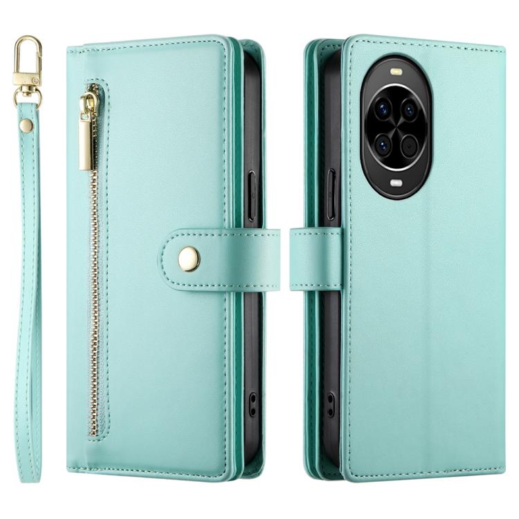Funda de cuero con nueve ranuras para tarjetas y cremallera para Huawei Nova 14 (verde menta)
