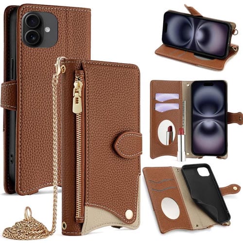 Funda de Piel de Lichi con Diseño de Cola de Pez y Cadena Cruzada para iPhone 16 Plus (Marrón)