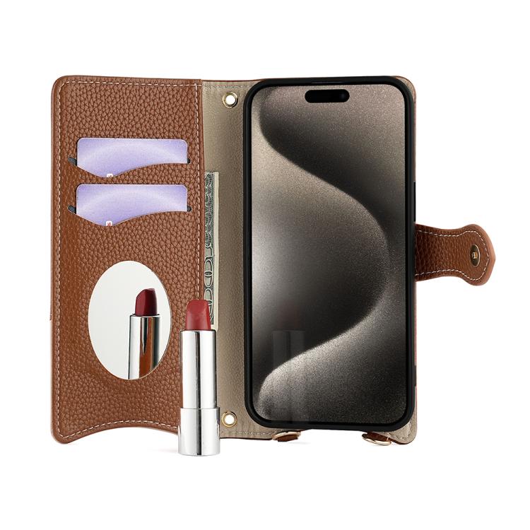 Funda de Piel de Lichi con Diseño de Cola de Pez y Cadena Cruzada para iPhone 16 Plus (Marrón)