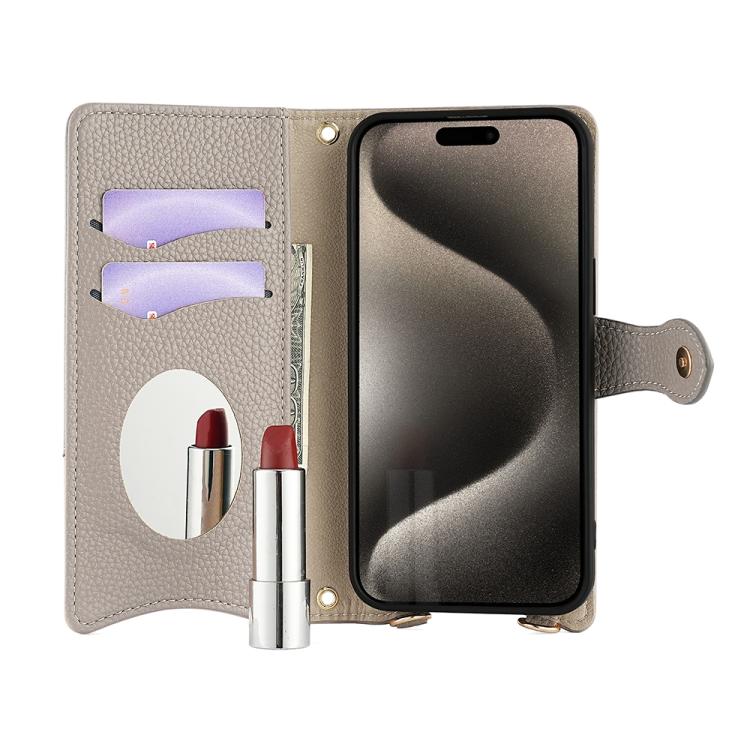 Funda de Piel de Lichi para iPhone 16 Plus Diseño de Cola de Pez y Cadena Cruzada (Gris)