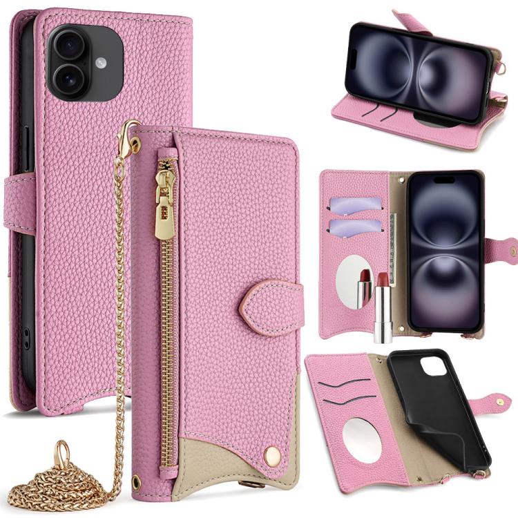 Funda Piel de Lichi iPhone 16 Plus Diseño Cola de Pez Cadena Cruzada (Rosa)