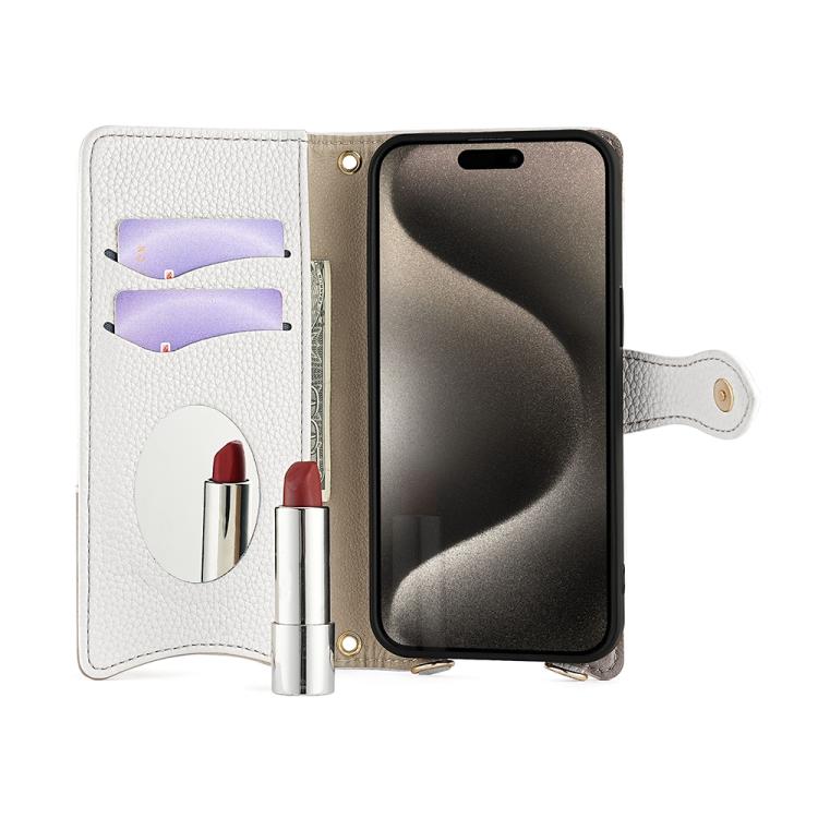 Funda de Piel de Lichi para iPhone 16 Plus con Diseño de Cola de Pez y Cadena Cruzada (Blanca)
