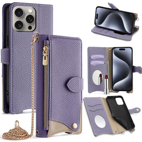 Funda de Piel de Lichi iPhone 15 Pro Max Diseño Cola de Pez y Cadena Cruzada (Morada)
