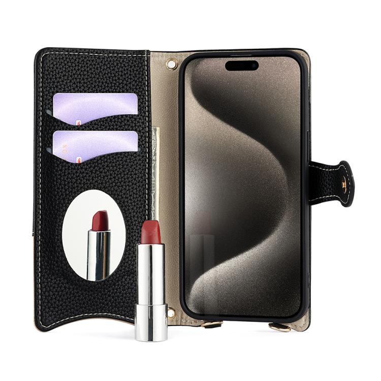 Funda de Cuero de Lichi con Diseño de Cola de Pez y Cadena Cruzada para iPhone 15 Plus (Negro)