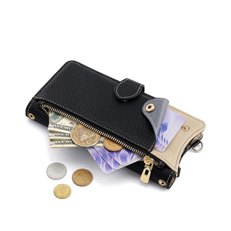 Funda de Cuero de Lichi con Diseño de Cola de Pez y Cadena Cruzada para iPhone 15 Plus (Negro)