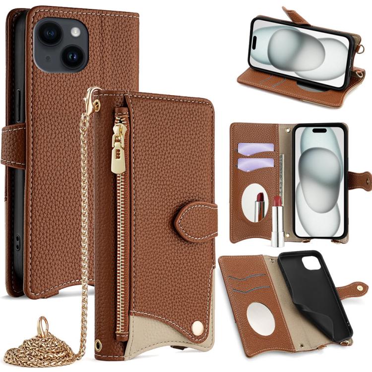 Funda de Piel de Lichi para iPhone 15 Plus Diseño Cola de Pez y Cadena Cruzada (Marrón)