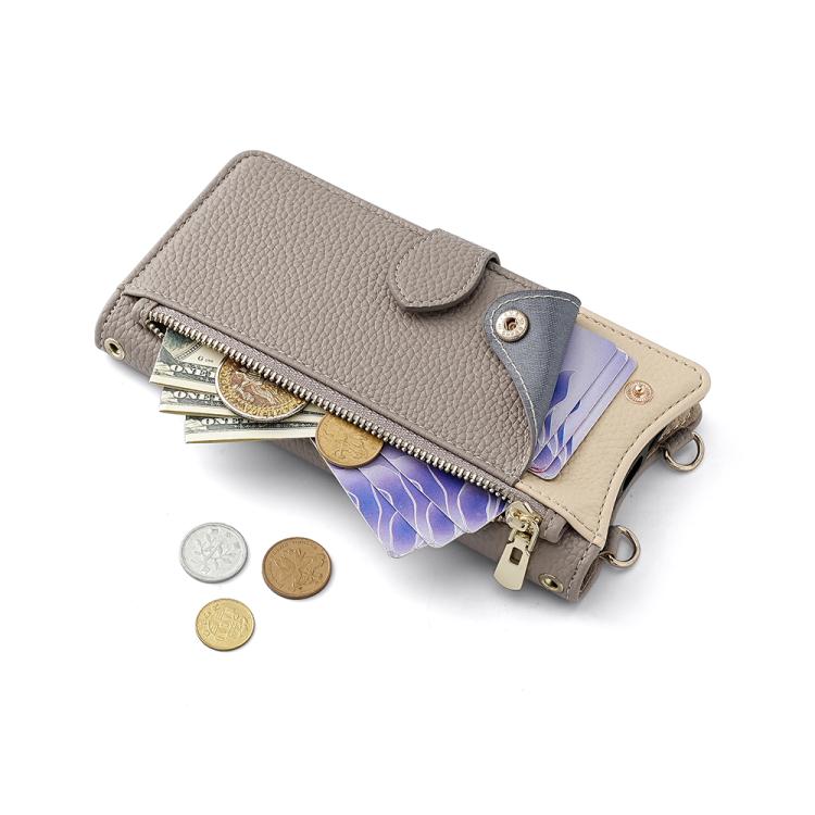Funda de Piel de Lichi con Cadena Cruzada y Cola de Pez para iPhone 15 Plus (Gris)