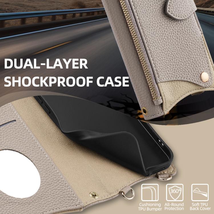 Funda de Piel de Lichi con Cadena Cruzada y Cola de Pez para iPhone 15 Plus (Gris)