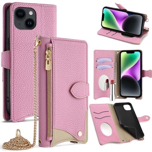 Funda de Piel de Lichi iPhone 14 Plus Diseño Cola de Pez y Cadena Cruzada (Rosa)