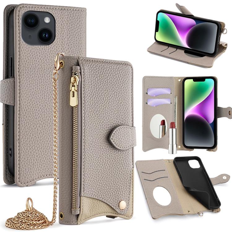 Funda de Piel de Lichi para iPhone 14 con Cadena Cruzada y Cola de Pez (Gris)