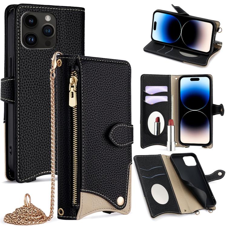 Funda de Piel de Lichi para iPhone 14 Pro con Diseño de Cola de Pez y Cadena Cruzada (Negra)