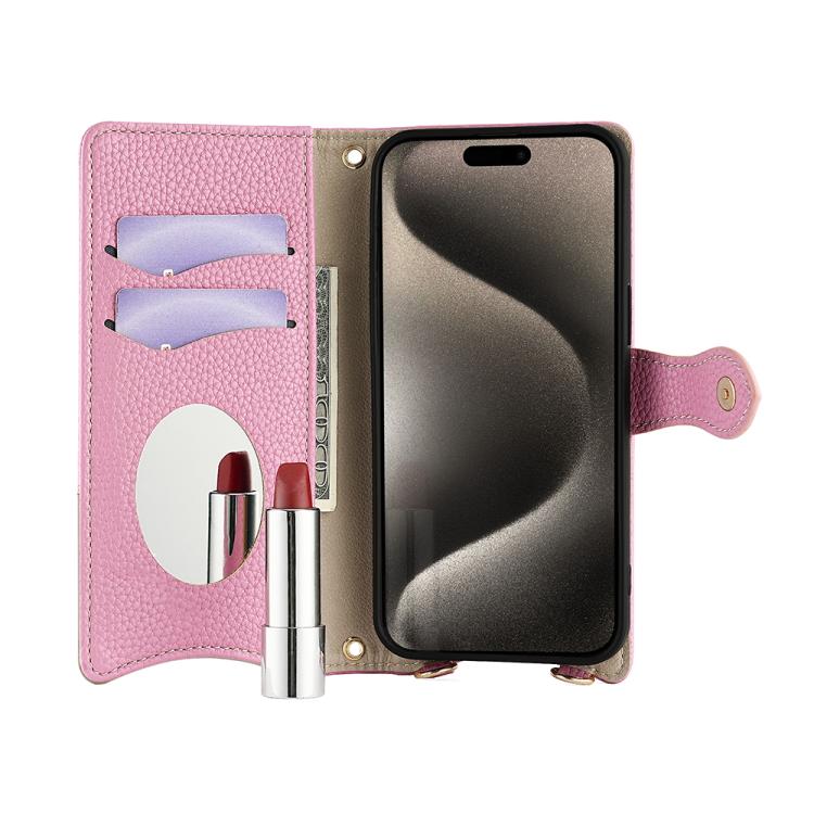 Funda de Piel de Lichi con Diseño de Cola de Pez y Cadena Cruzada para iPhone 14 Pro (Rosa)