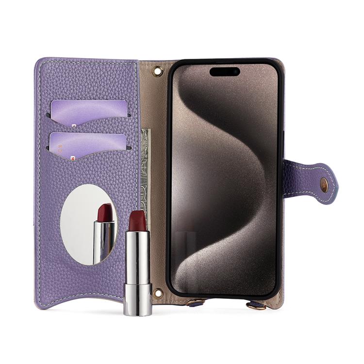 Funda Piel de Lichi iPhone 14 Pro Max Diseño Cola de Pez y Cadena Cruzada (Morado)