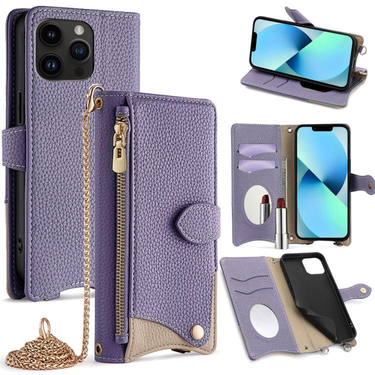 Funda de Piel de Lichi con Diseño de Cola de Pez y Cadena Cruzada para iPhone 13 Pro (Gris)
