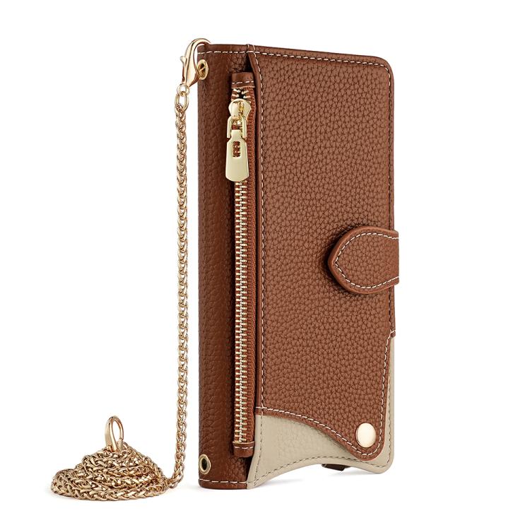 Funda de Piel de Lichi con Diseño de Cola de Pez y Cadena Cruzada para iPhone 12 Pro Max (Marrón)